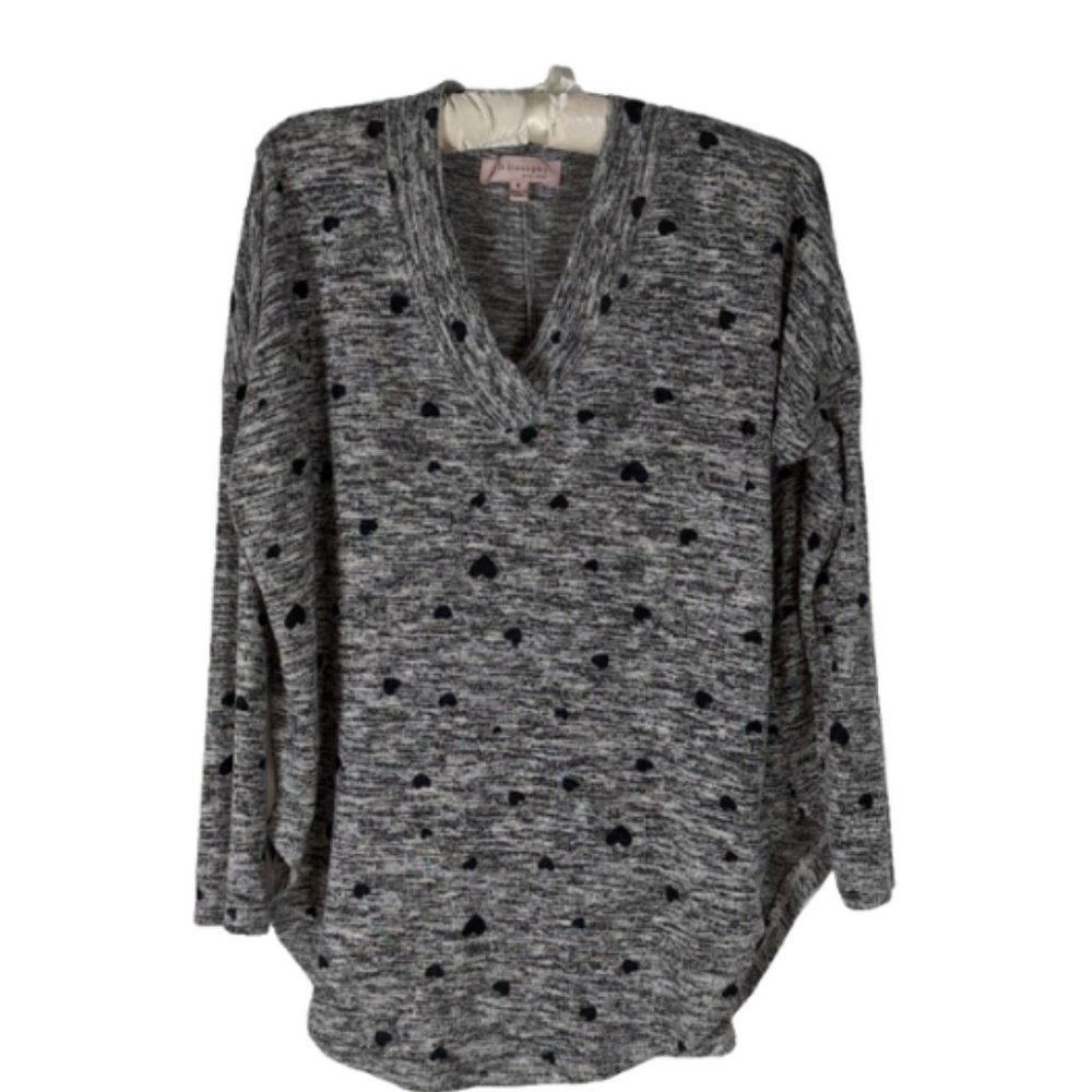 Philosophy Sweater S Gray Heart Print Vneck Long Sleeve Super Soft Romantic Love